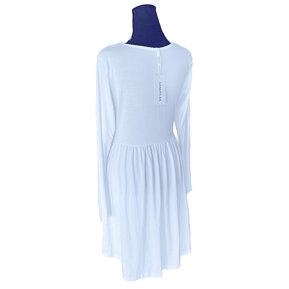 LONGYUAN Knee High White Long Sleeve Dress with pockets - Picture 3 of 14
